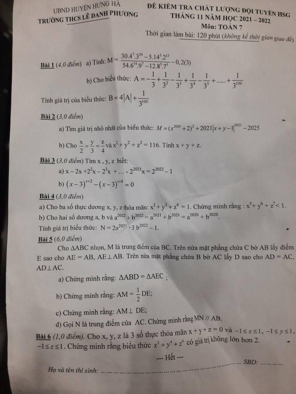 Đề kiểm tra chất lượng đội tuyển học sinh giỏi môn Toán lớp 7 Trường THCS Lê Danh Phương