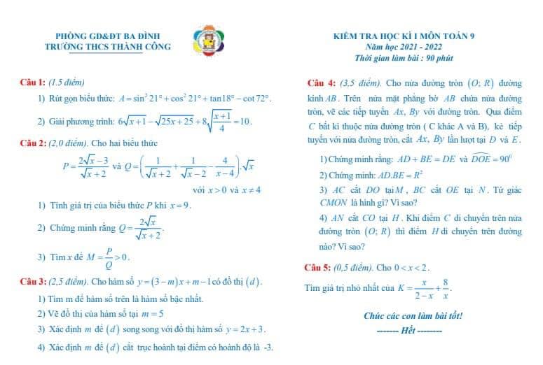 Đề kiểm tra cuối học kỳ 1 môn Toán lớp 9 Trường THCS Thành Công năm 2021 – 2022