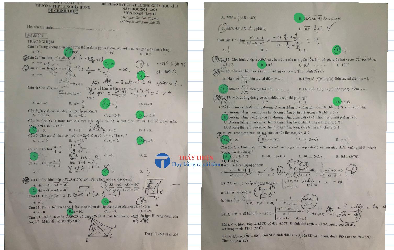 Đề khảo sát chất lượng giữa học kỳ 2 Trường THPT Nghĩa Hưng B năm 2021 – 2022