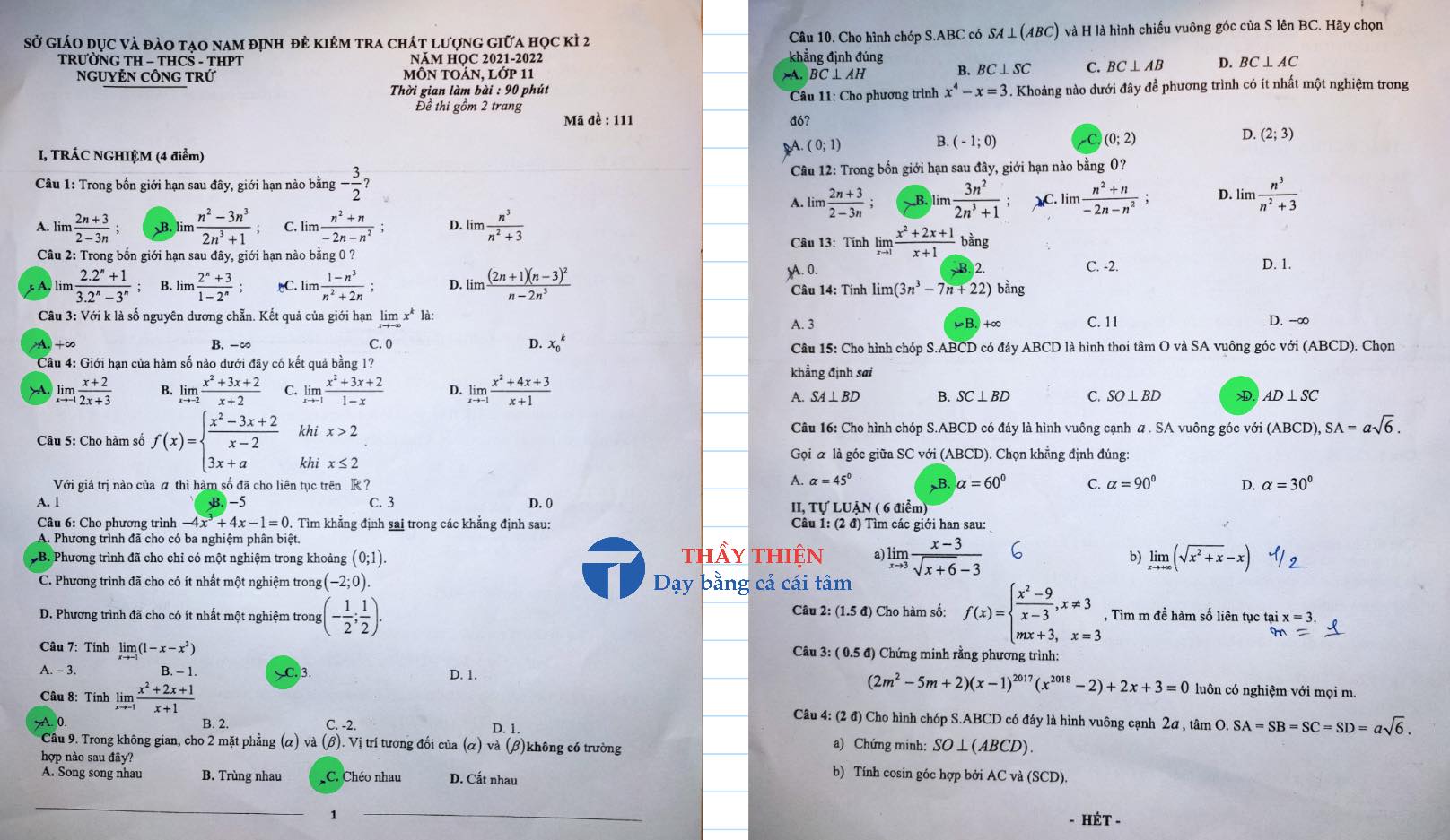 Đề kiểm tra giữa học kỳ 2 lớp 11 Trường THPT Nguyễn Công Trứ năm 2021 – 2022